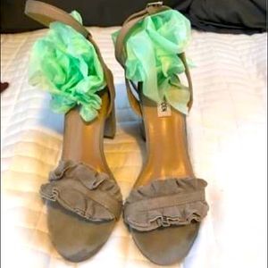 Grey suede ankle wrap heels